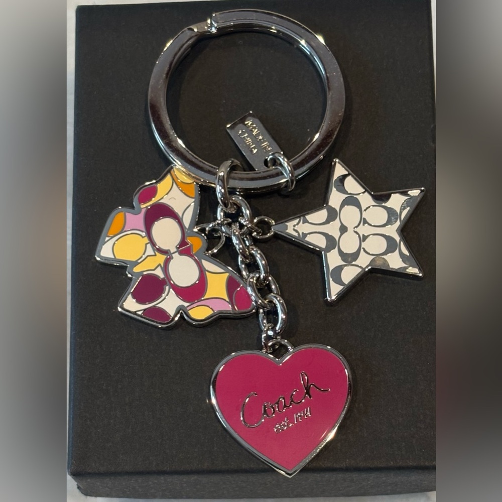 New Vintage Coach Multicolor Logo Silver Charm Key Holder